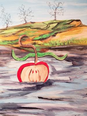 An Apple Head seeks tranquility beneath the waves. 