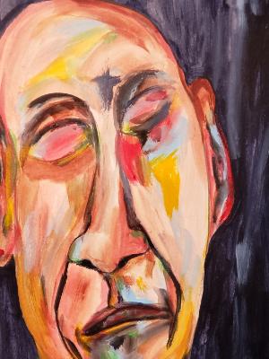 He hears the anguished wail and contemplats his own wasted life© 2022 By Duane Kirby Jensen, 7 x 10 acrylic on watercolor paper